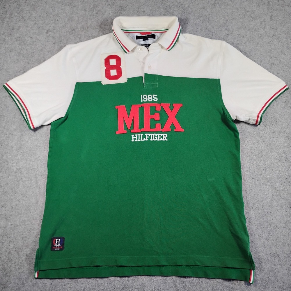 Tommy Hilfiger Mexico Mens XL Slim Fit Mexico Polo Shirt Green White MEX 1985